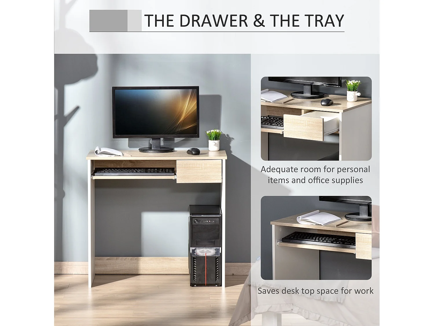 Vali 80cm Oak Effect Compact Desk with Keyboard Tray and Drawer