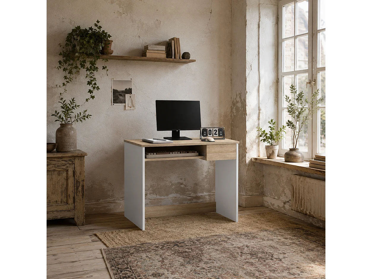 Vali 80cm Oak Effect Compact Desk with Keyboard Tray and Drawer