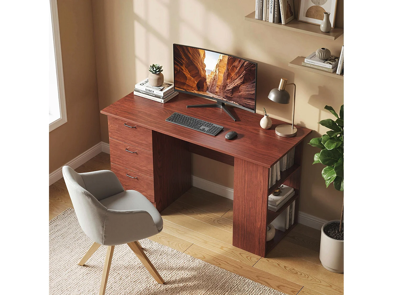 Mimi 120cm Walnut Brown Home Office Desk with 3 Shelves and 3 Drawers
