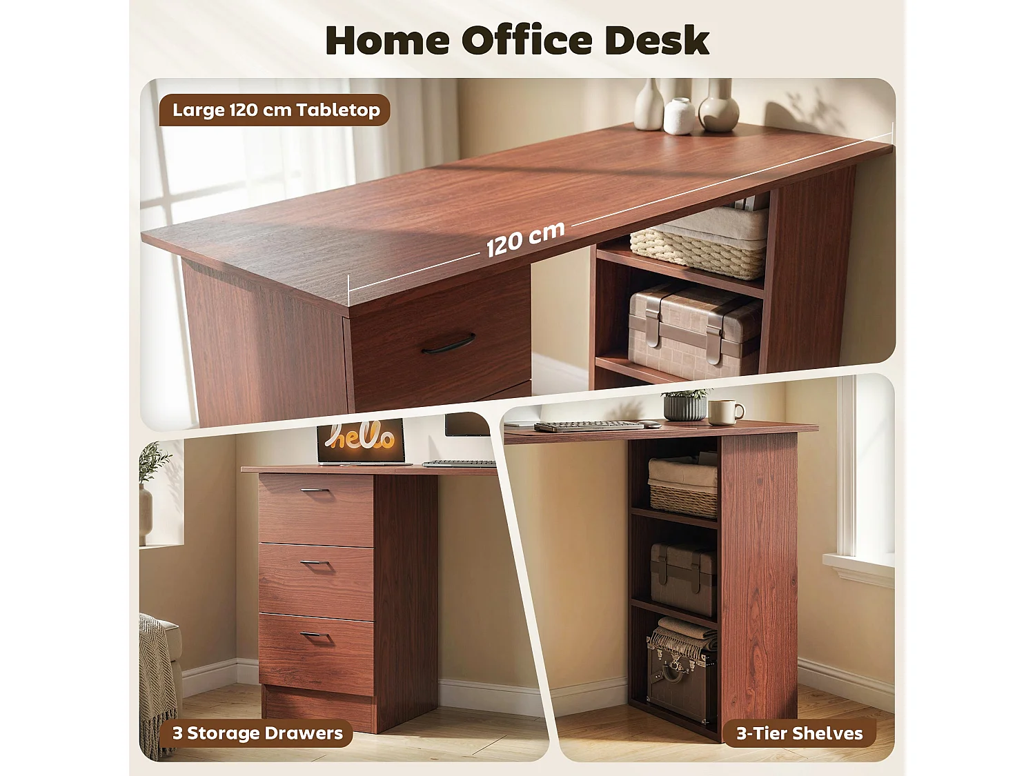 Mimi 120cm Walnut Brown Home Office Desk with 3 Shelves and 3 Drawers