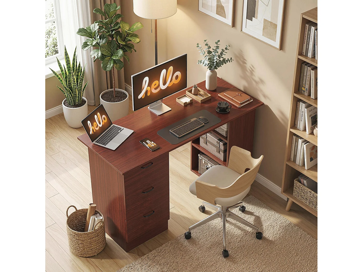Mimi 120cm Walnut Brown Home Office Desk with 3 Shelves and 3 Drawers
