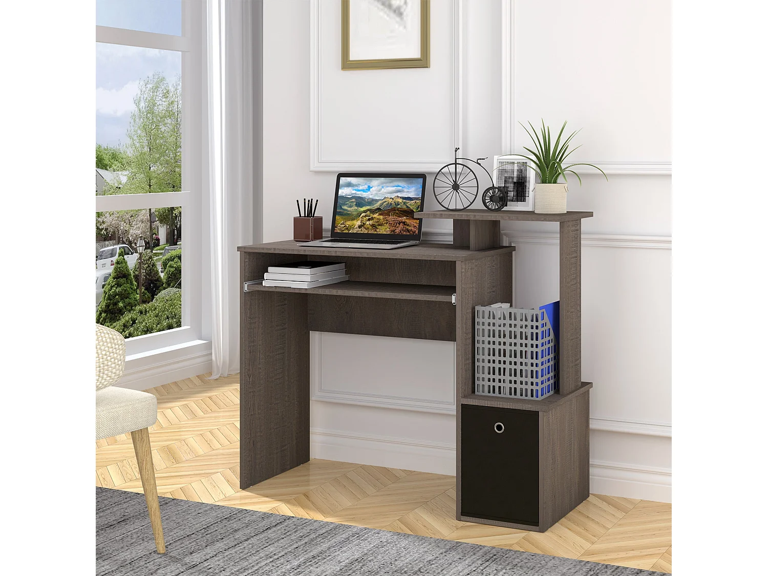Ramo 100cm Grey Home Office Desk with Sliding Keyboard Tray Fabric Drawer and Side Shelves