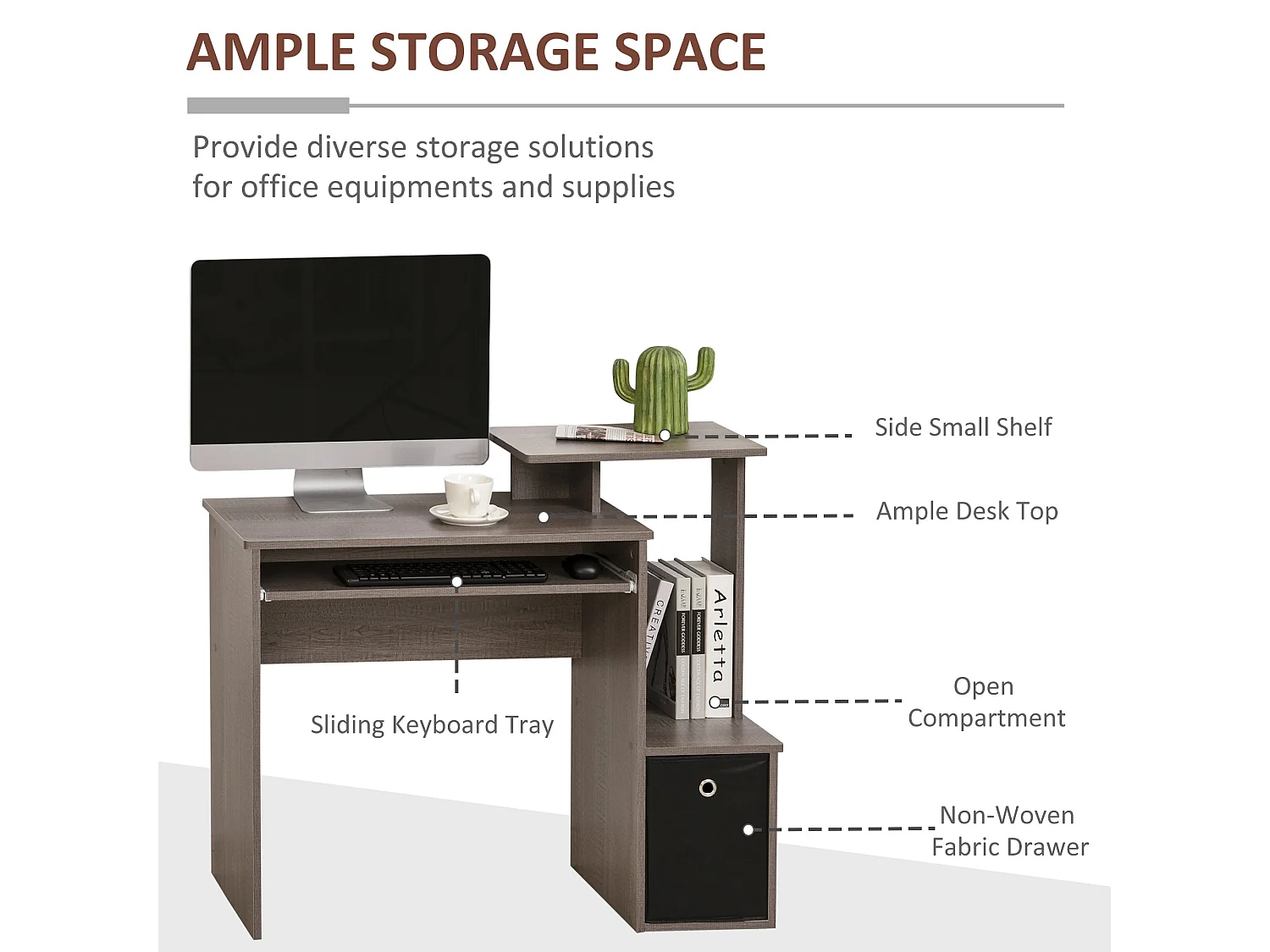 Ramo 100cm Grey Home Office Desk with Sliding Keyboard Tray Fabric Drawer and Side Shelves