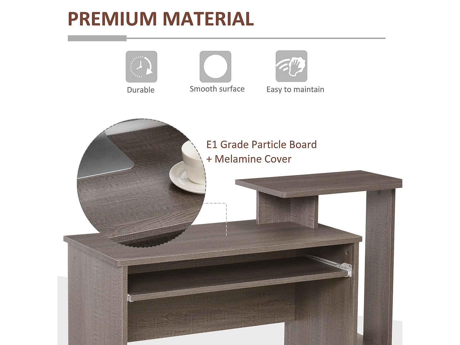 Ramo 100cm Grey Home Office Desk with Sliding Keyboard Tray Fabric Drawer and Side Shelves