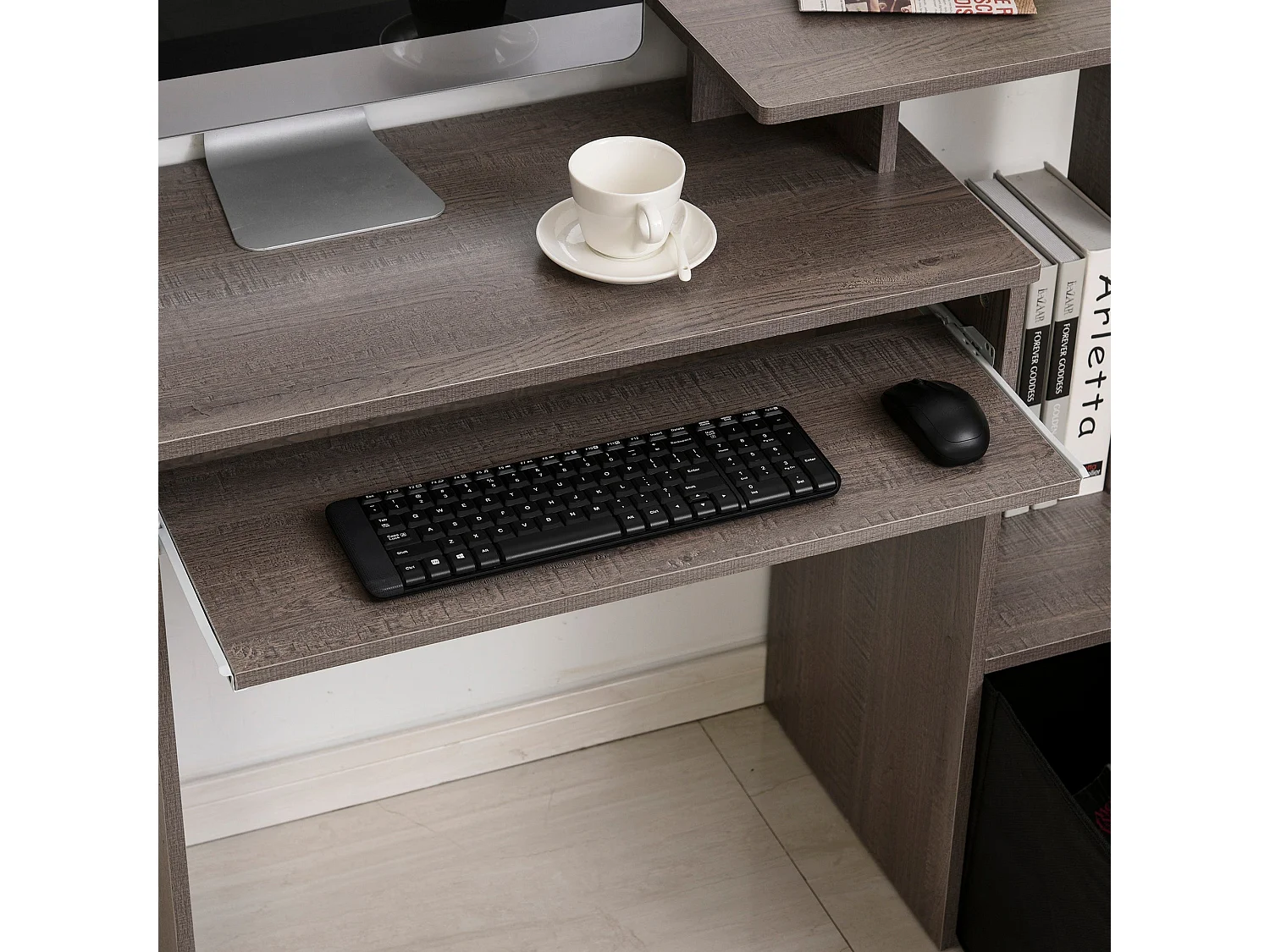 Ramo 100cm Grey Home Office Desk with Sliding Keyboard Tray Fabric Drawer and Side Shelves
