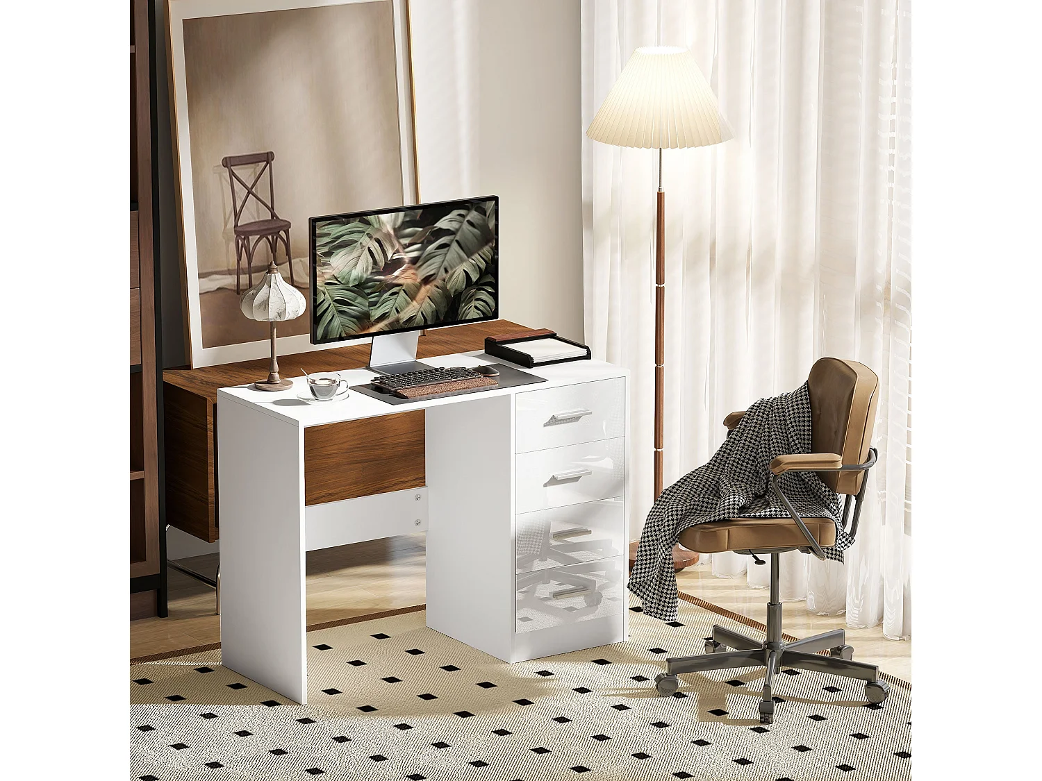 Reka 98cm High Gloss White Desk 4 Drawers MDF Home Office