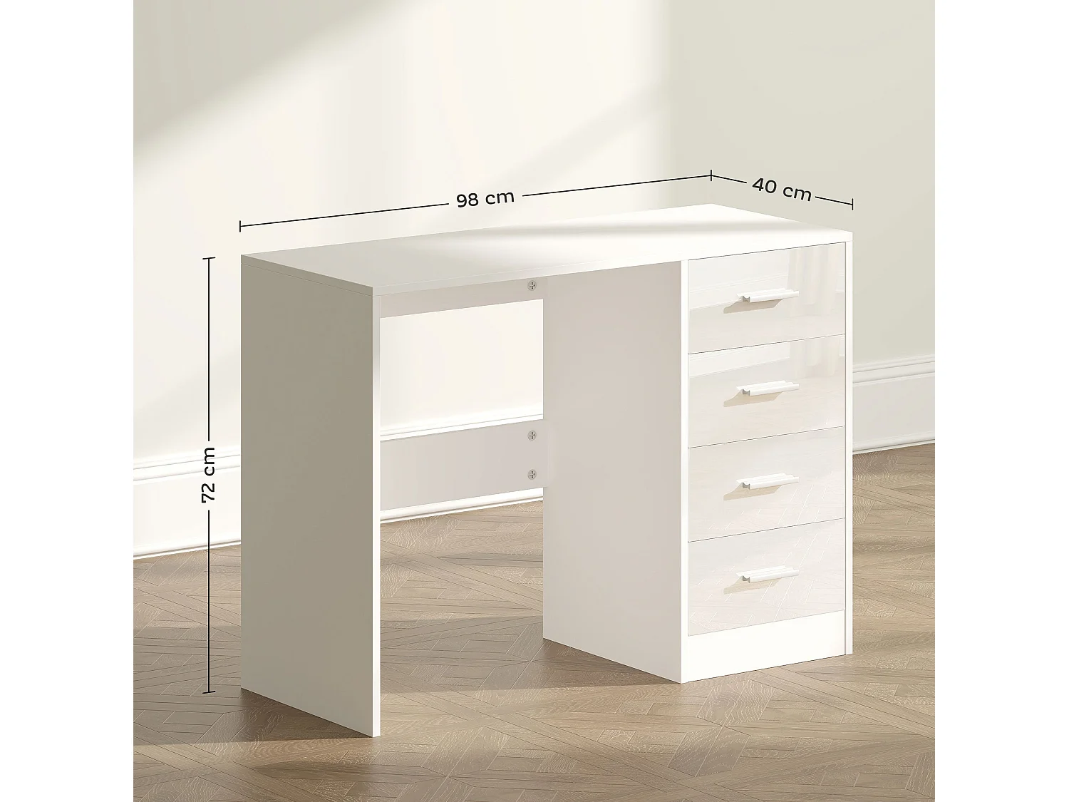 Reka 98cm High Gloss White Desk 4 Drawers MDF Home Office