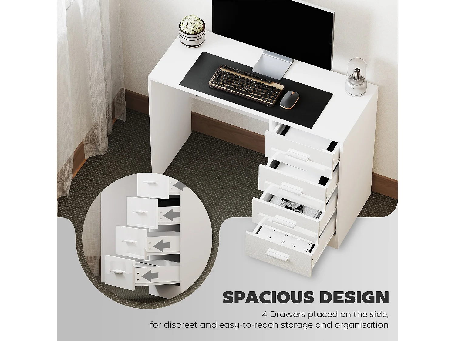 Reka 98cm High Gloss White Desk 4 Drawers MDF Home Office