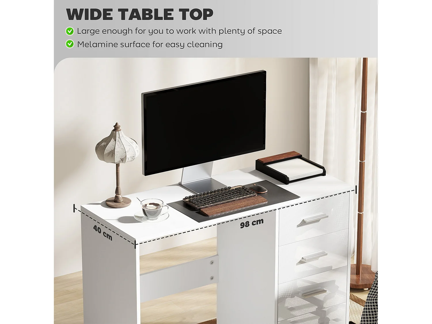 Reka 98cm High Gloss White Desk 4 Drawers MDF Home Office