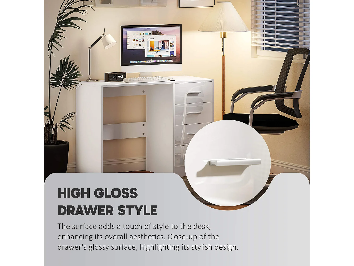 Reka 98cm High Gloss White Desk 4 Drawers MDF Home Office