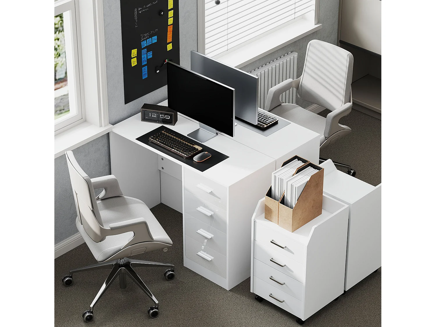 Reka 98cm High Gloss White Desk 4 Drawers MDF Home Office