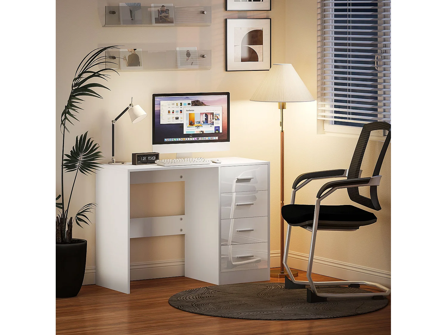 Reka 98cm High Gloss White Desk 4 Drawers MDF Home Office