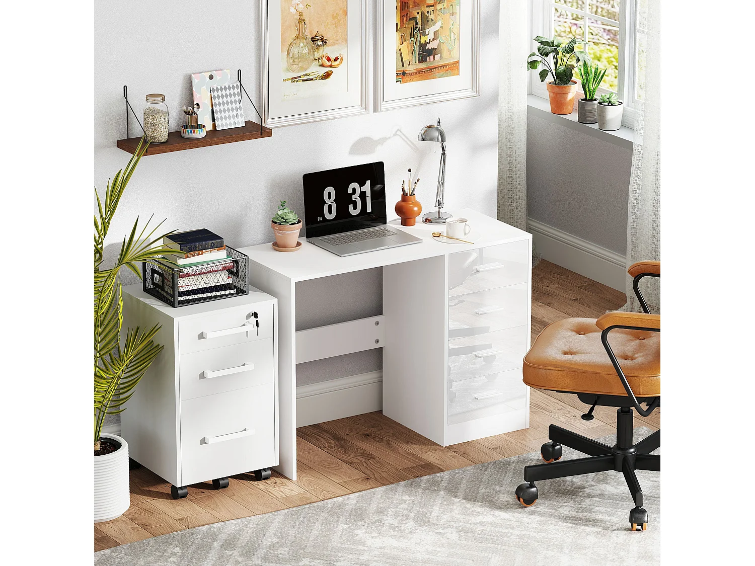 Reka 98cm High Gloss White Desk 4 Drawers MDF Home Office