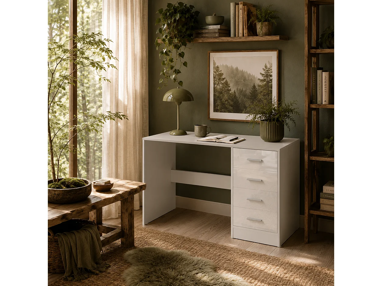 Reka 98cm High Gloss White Desk 4 Drawers MDF Home Office