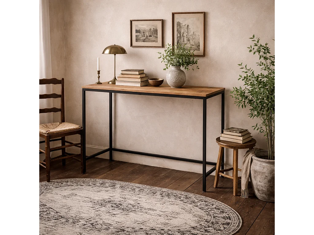 Lucan Oak Effect Distressed Desk 105x47cm Black Metal Legs
