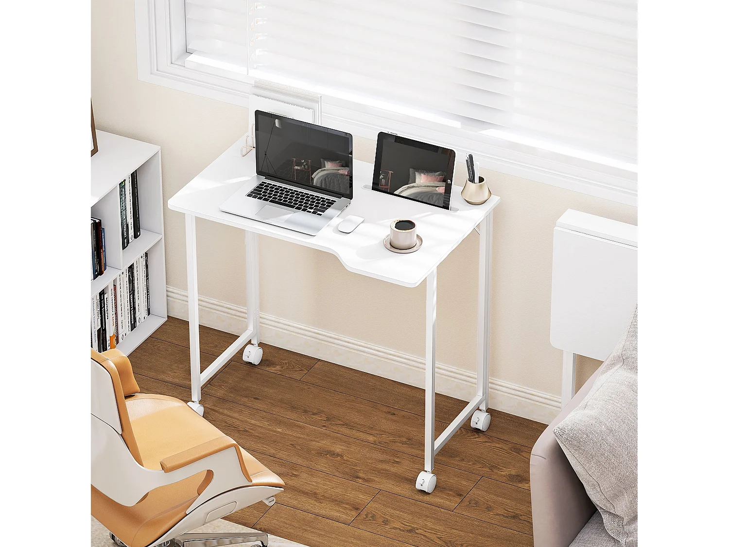 Veso 80cm White Wood Effect Folding Desk with Lockable Wheels