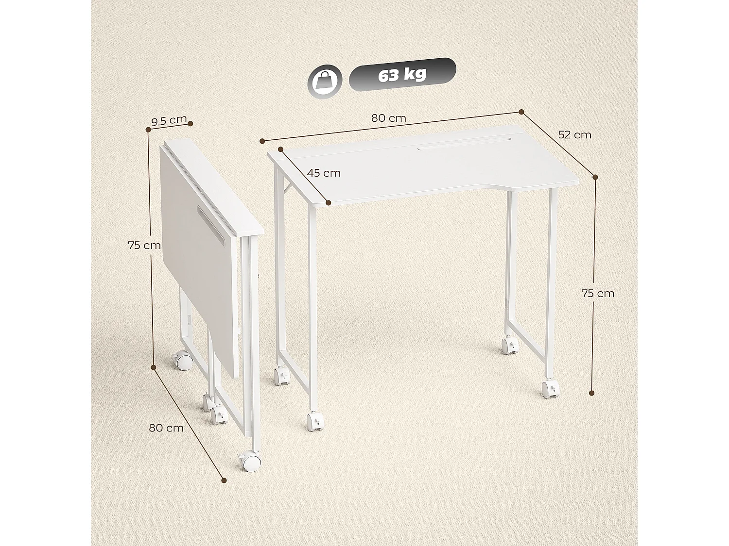 Veso 80cm White Wood Effect Folding Desk with Lockable Wheels