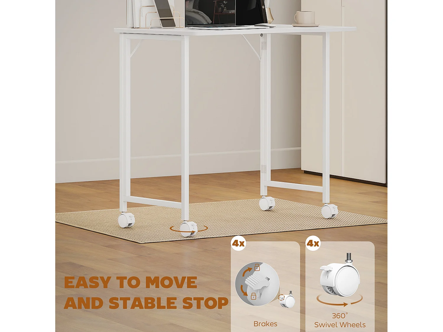 Veso 80cm White Wood Effect Folding Desk with Lockable Wheels