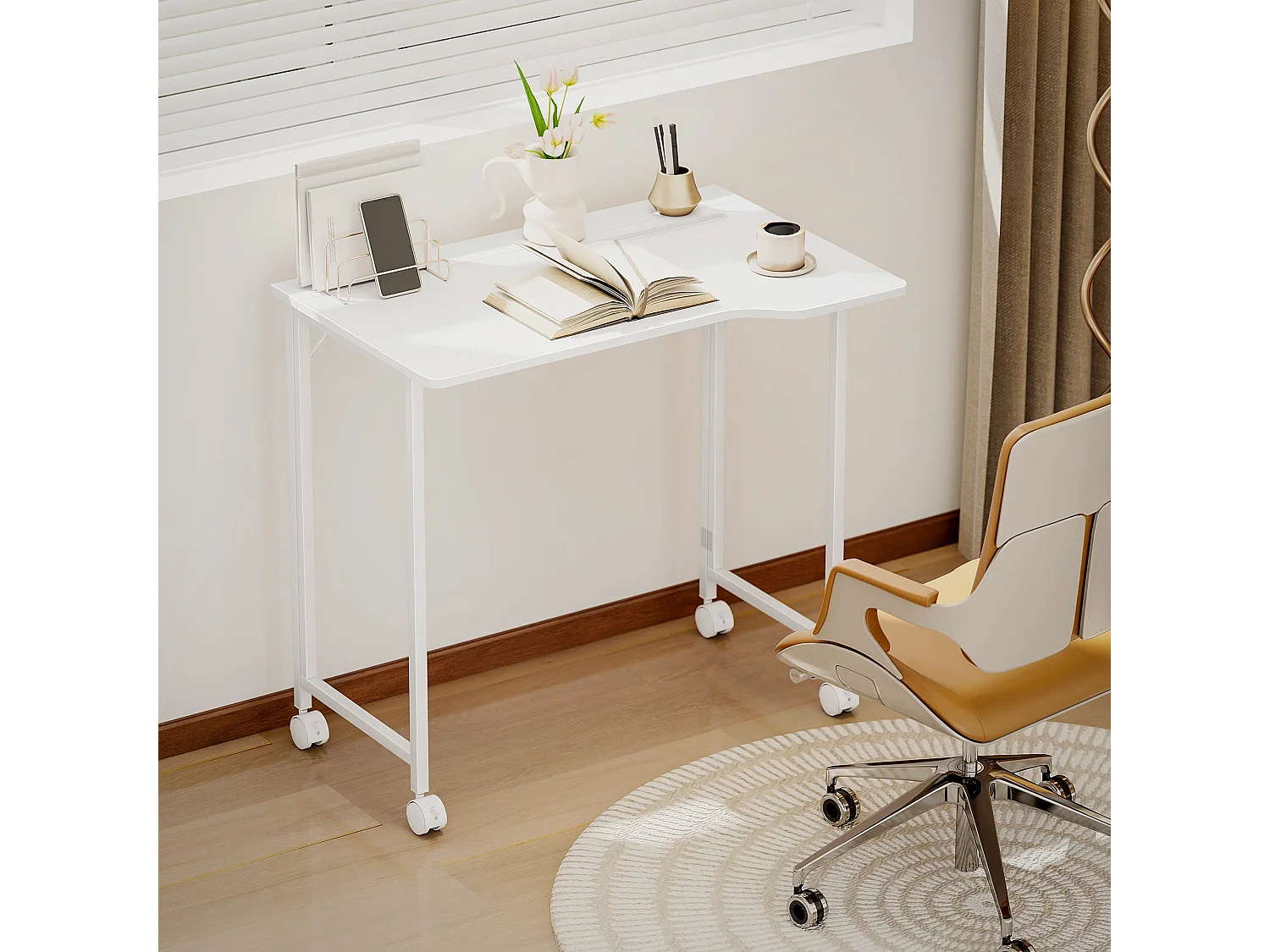 Veso 80cm White Wood Effect Folding Desk with Lockable Wheels