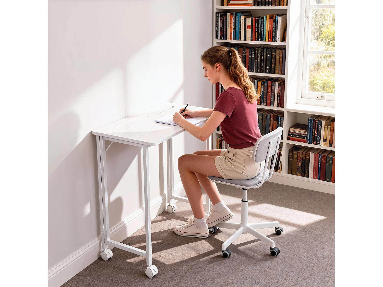 Veso 80cm White Wood Effect Folding Desk with Lockable Wheels