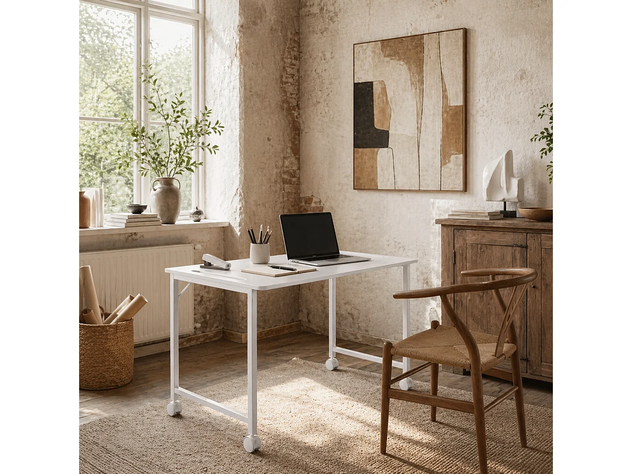 Veso 80cm White Wood Effect Folding Desk with Lockable Wheels