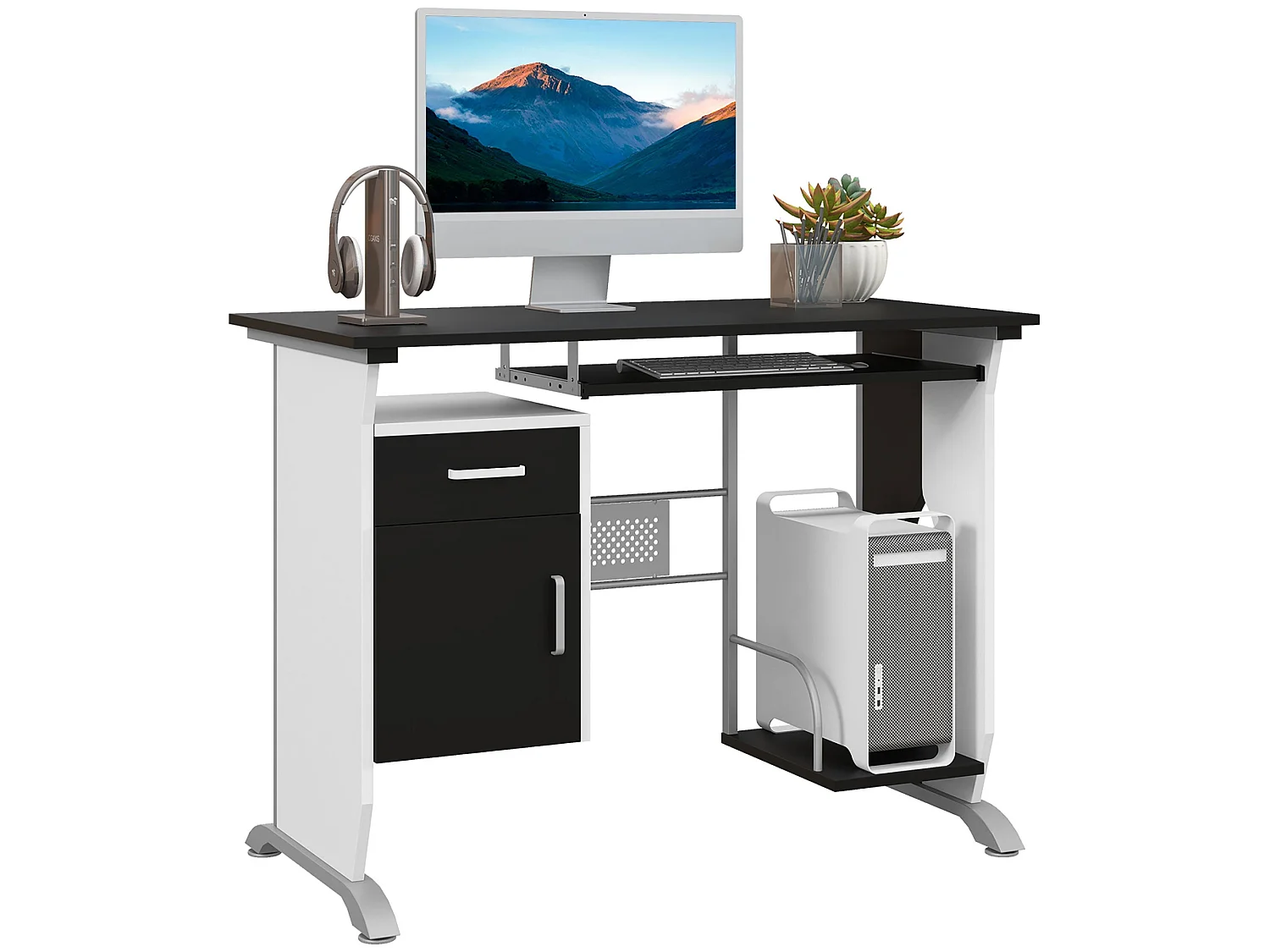 Tafi 100cm Black MDF Home Office Desk with Keyboard Tray Drawer and Shelves