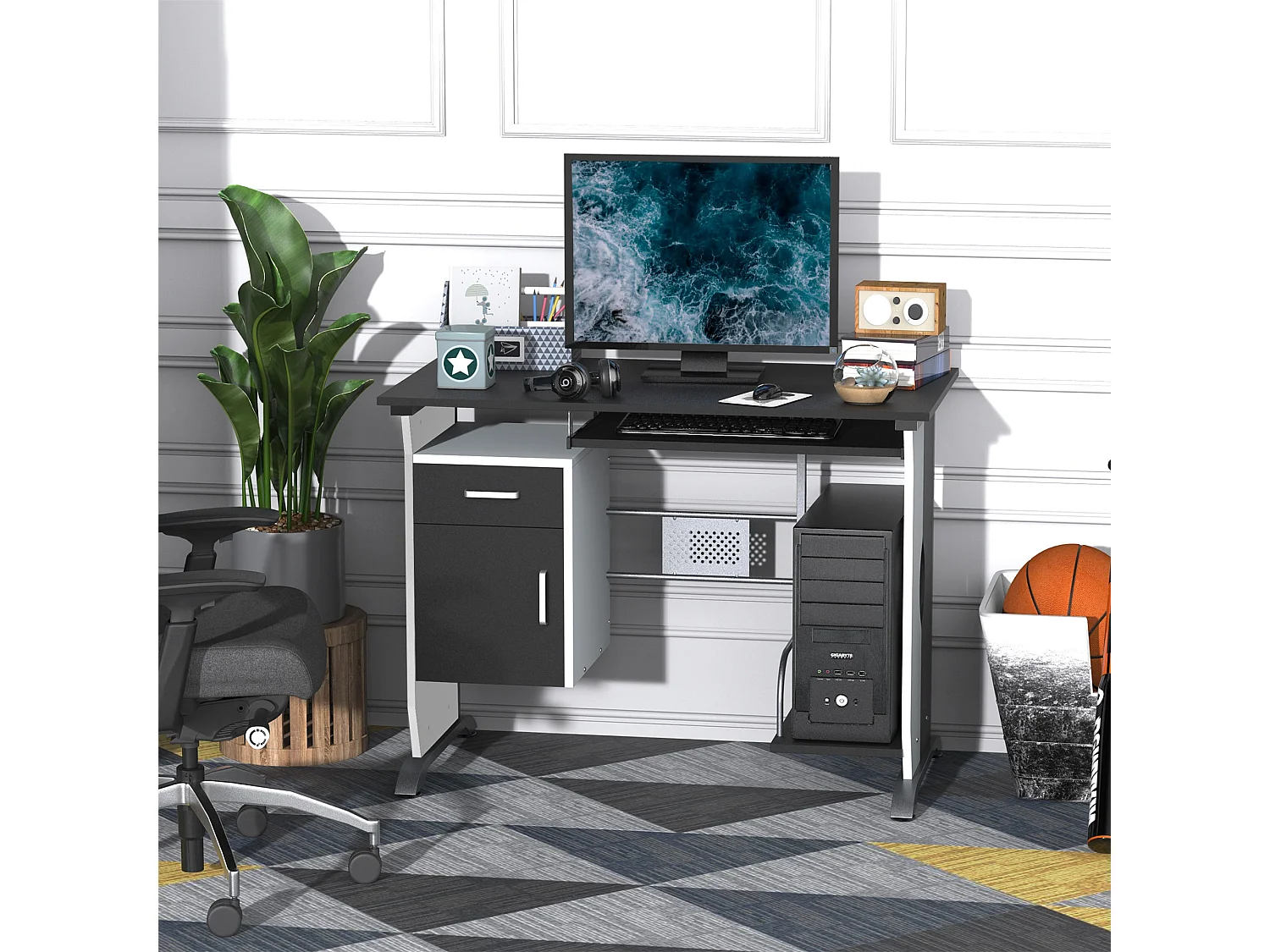 Tafi 100cm Black MDF Home Office Desk with Keyboard Tray Drawer and Shelves