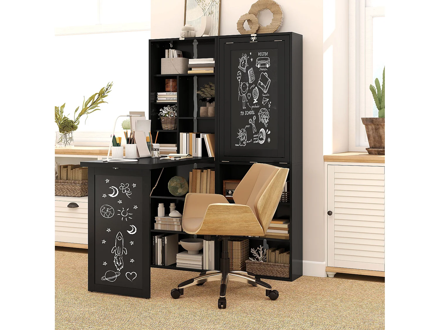 Havizi 98cm Black 3 Section Fold Out Work Desk with Chalkboard and Storage