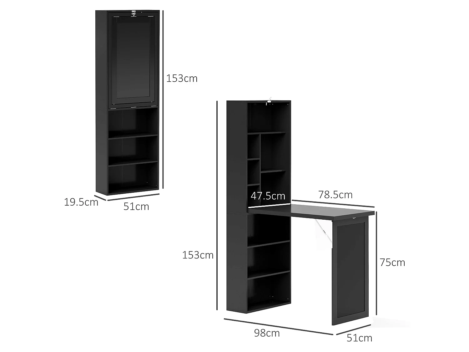 Havizi 98cm Black 3 Section Fold Out Work Desk with Chalkboard and Storage