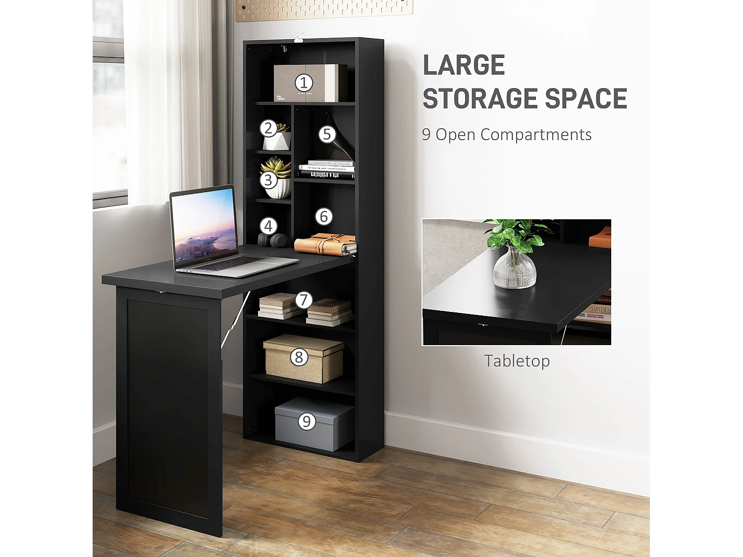 Havizi 98cm Black 3 Section Fold Out Work Desk with Chalkboard and Storage