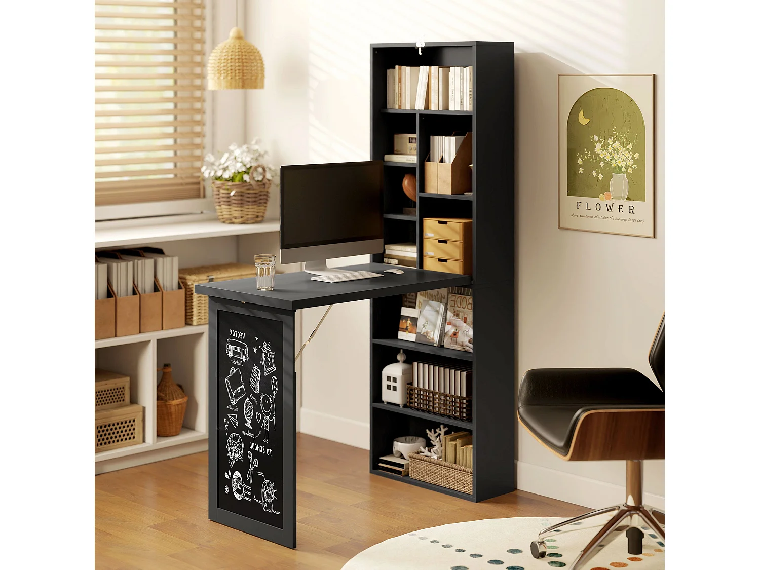 Havizi 98cm Black 3 Section Fold Out Work Desk with Chalkboard and Storage