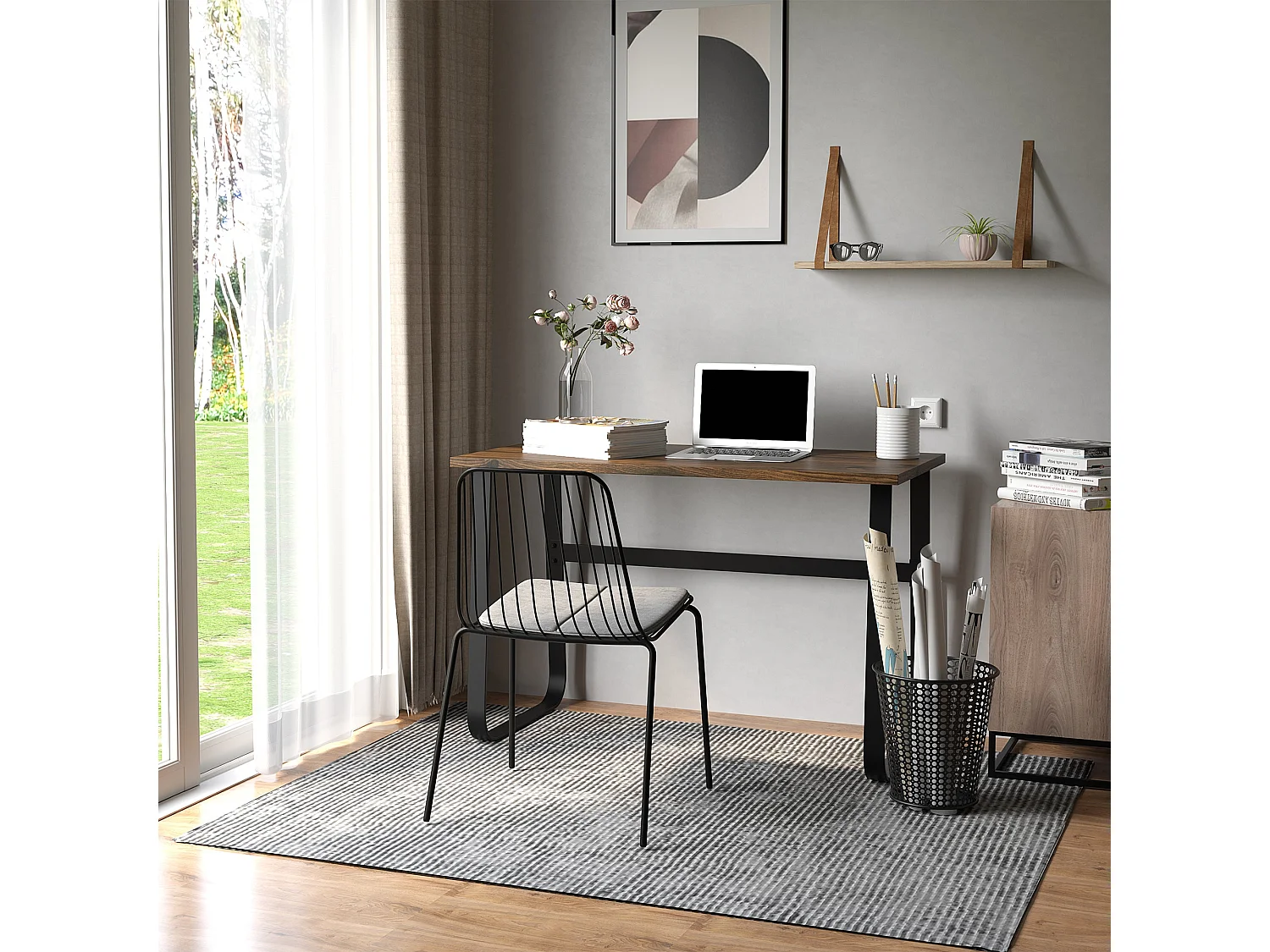 Rara 115cm Industrial Writing Desk Rustic Brown Particleboard Top Black Steel Legs