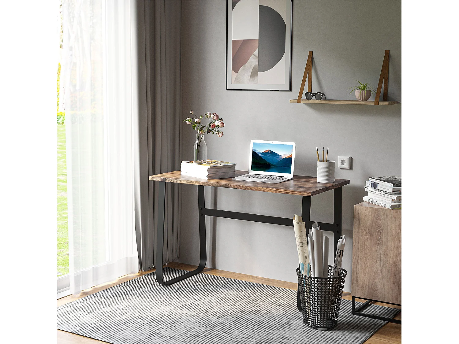 Rara 115cm Industrial Writing Desk Rustic Brown Particleboard Top Black Steel Legs