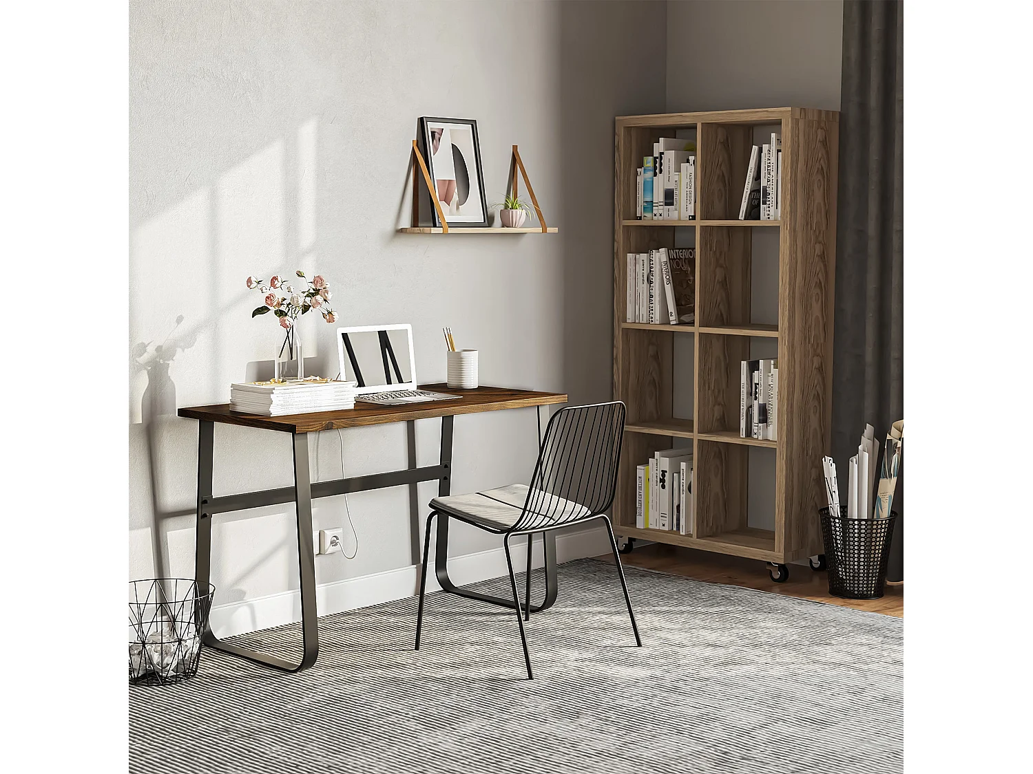 Rara 115cm Industrial Writing Desk Rustic Brown Particleboard Top Black Steel Legs