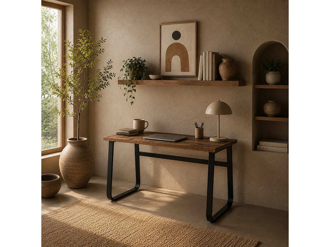 Rara 115cm Industrial Writing Desk Rustic Brown Particleboard Top Black Steel Legs