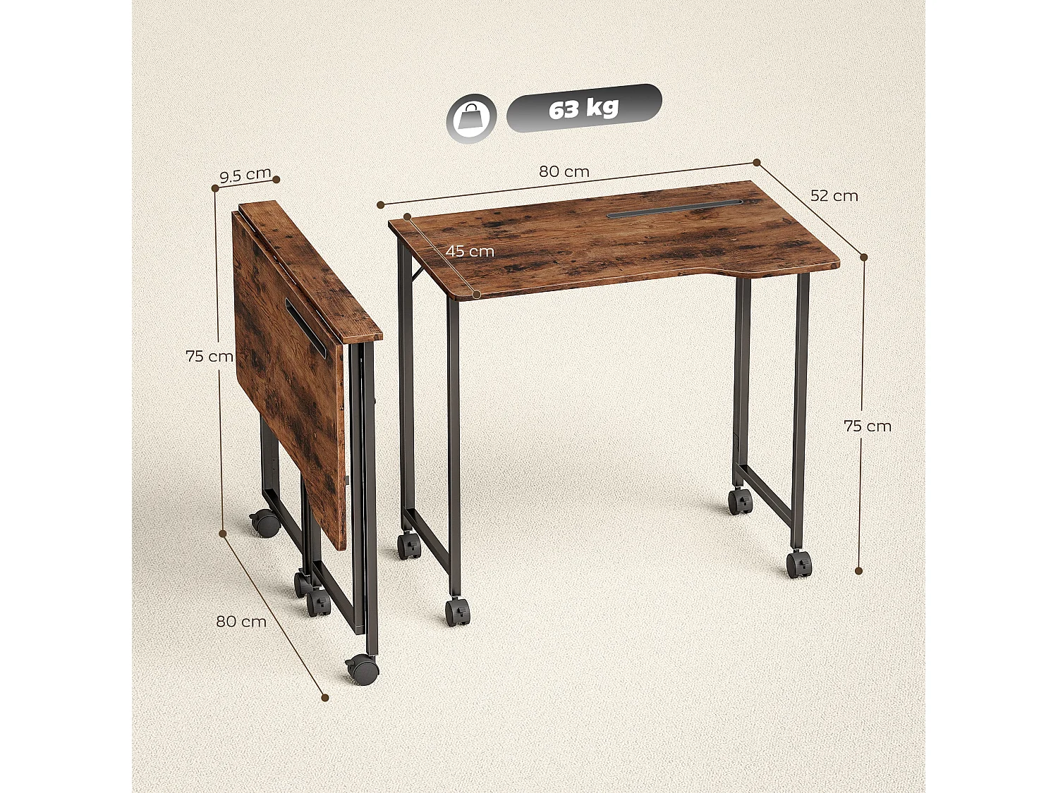Zika 80cm Rustic Brown Folding Desk with Lockable Wheels