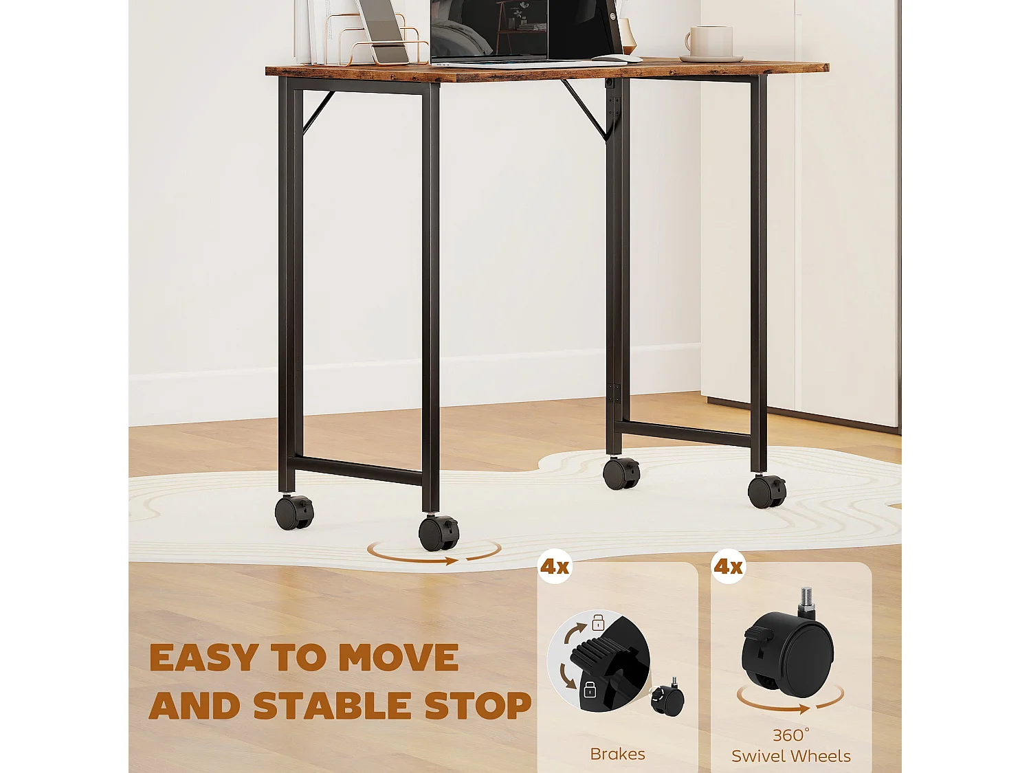 Zika 80cm Rustic Brown Folding Desk with Lockable Wheels