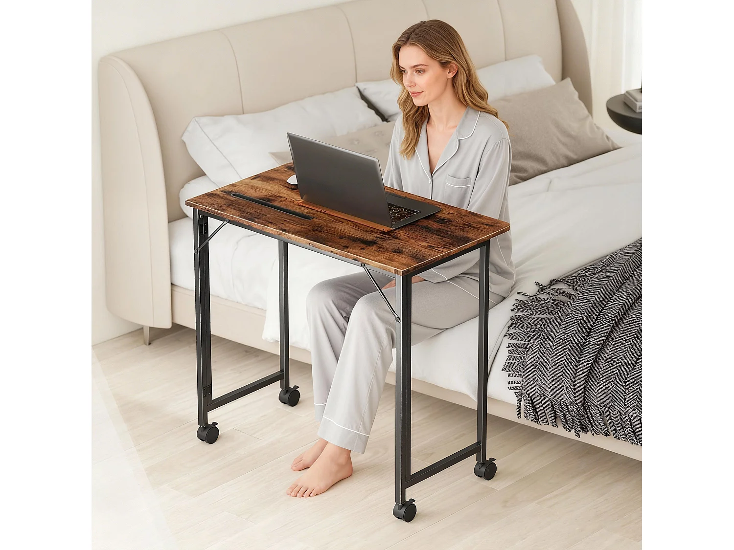 Zika 80cm Rustic Brown Folding Desk with Lockable Wheels