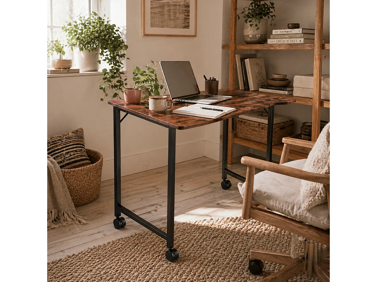 Zika 80cm Rustic Brown Folding Desk with Lockable Wheels