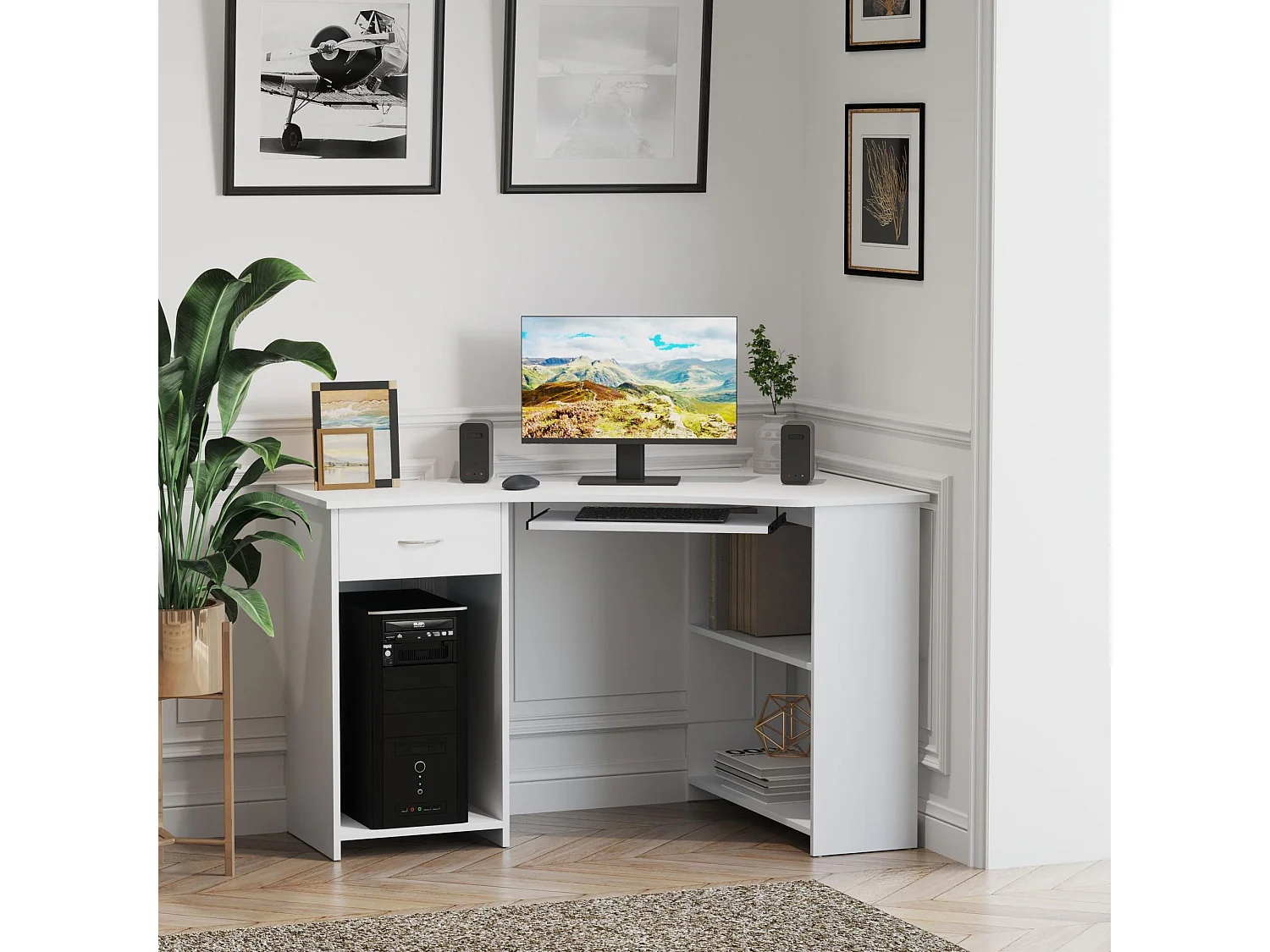 Bavise 120cm White L Shaped Corner Desk with Keyboard Tray and Storage