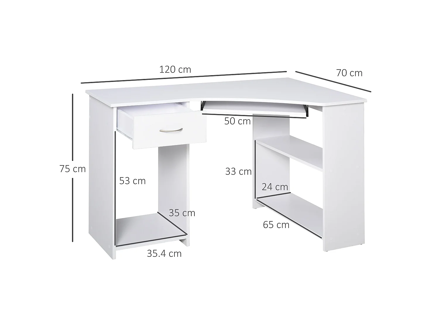 Bavise 120cm White L Shaped Corner Desk with Keyboard Tray and Storage