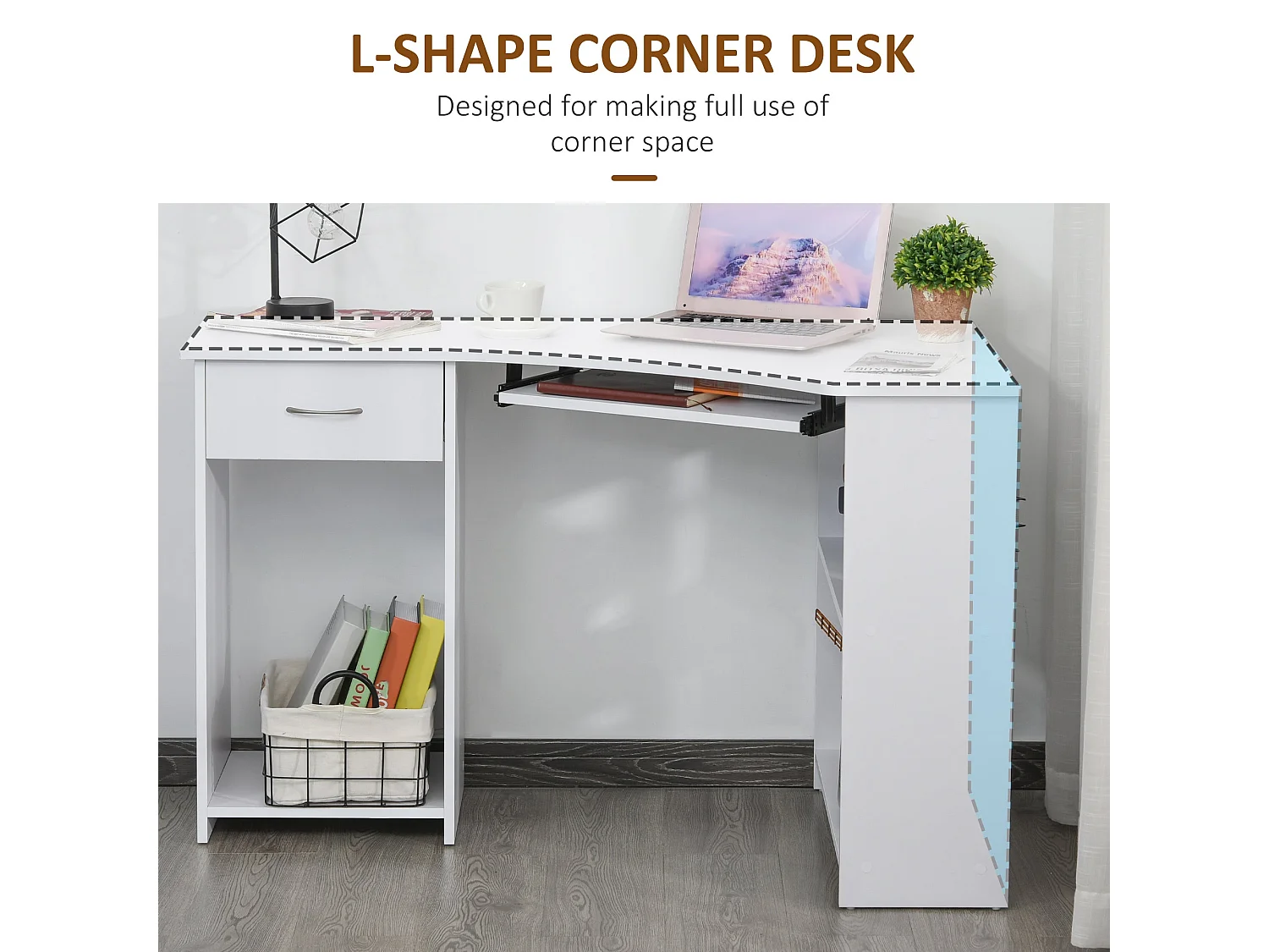 Bavise 120cm White L Shaped Corner Desk with Keyboard Tray and Storage