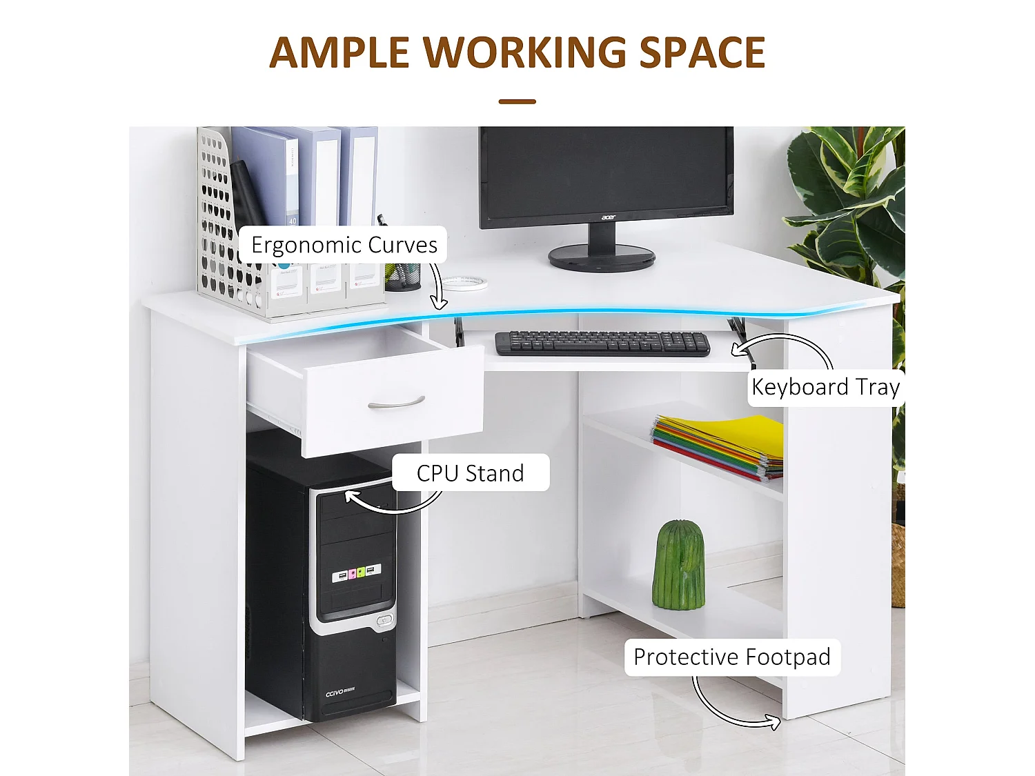 Bavise 120cm White L Shaped Corner Desk with Keyboard Tray and Storage