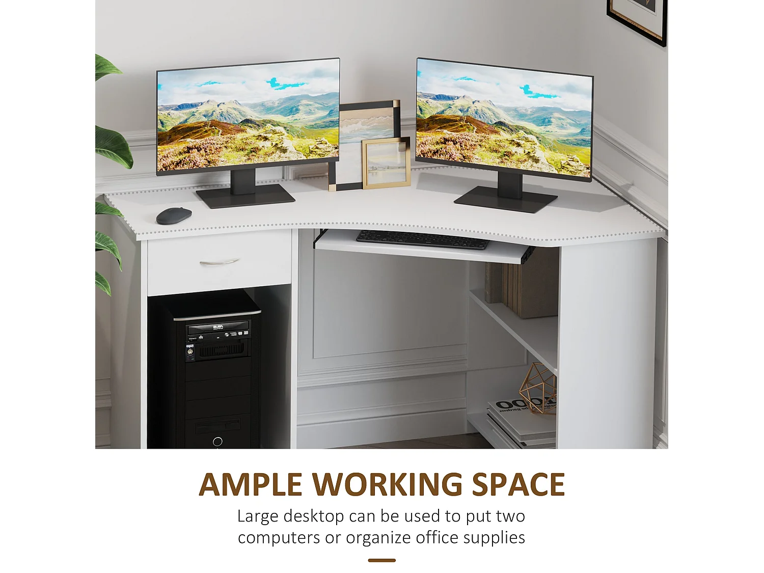 Bavise 120cm White L Shaped Corner Desk with Keyboard Tray and Storage