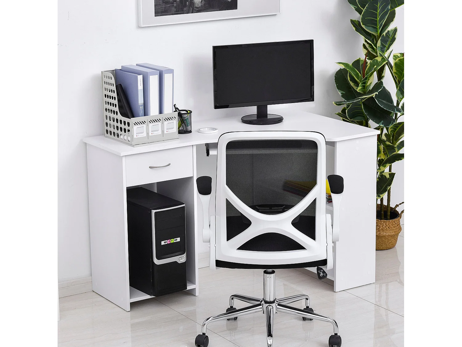 Bavise 120cm White L Shaped Corner Desk with Keyboard Tray and Storage