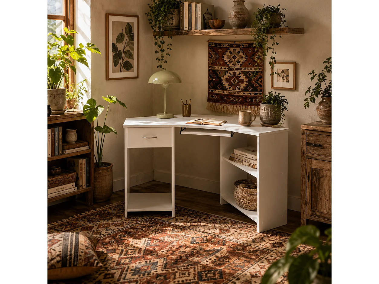 Bavise 120cm White L Shaped Corner Desk with Keyboard Tray and Storage
