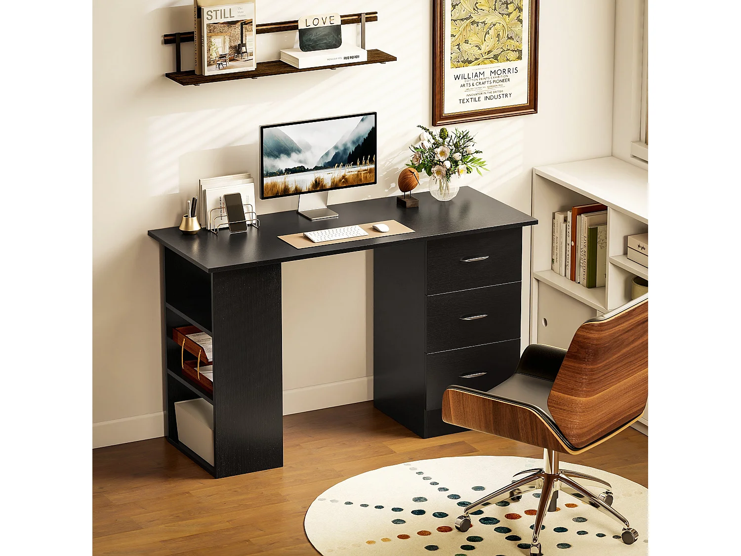 Tonosa 120cm Black Study Desk with 3 Shelves and 3 Drawers