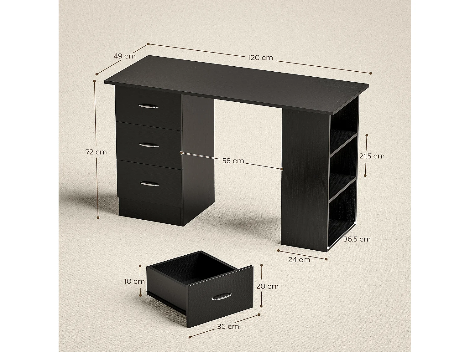 Tonosa 120cm Black Study Desk with 3 Shelves and 3 Drawers