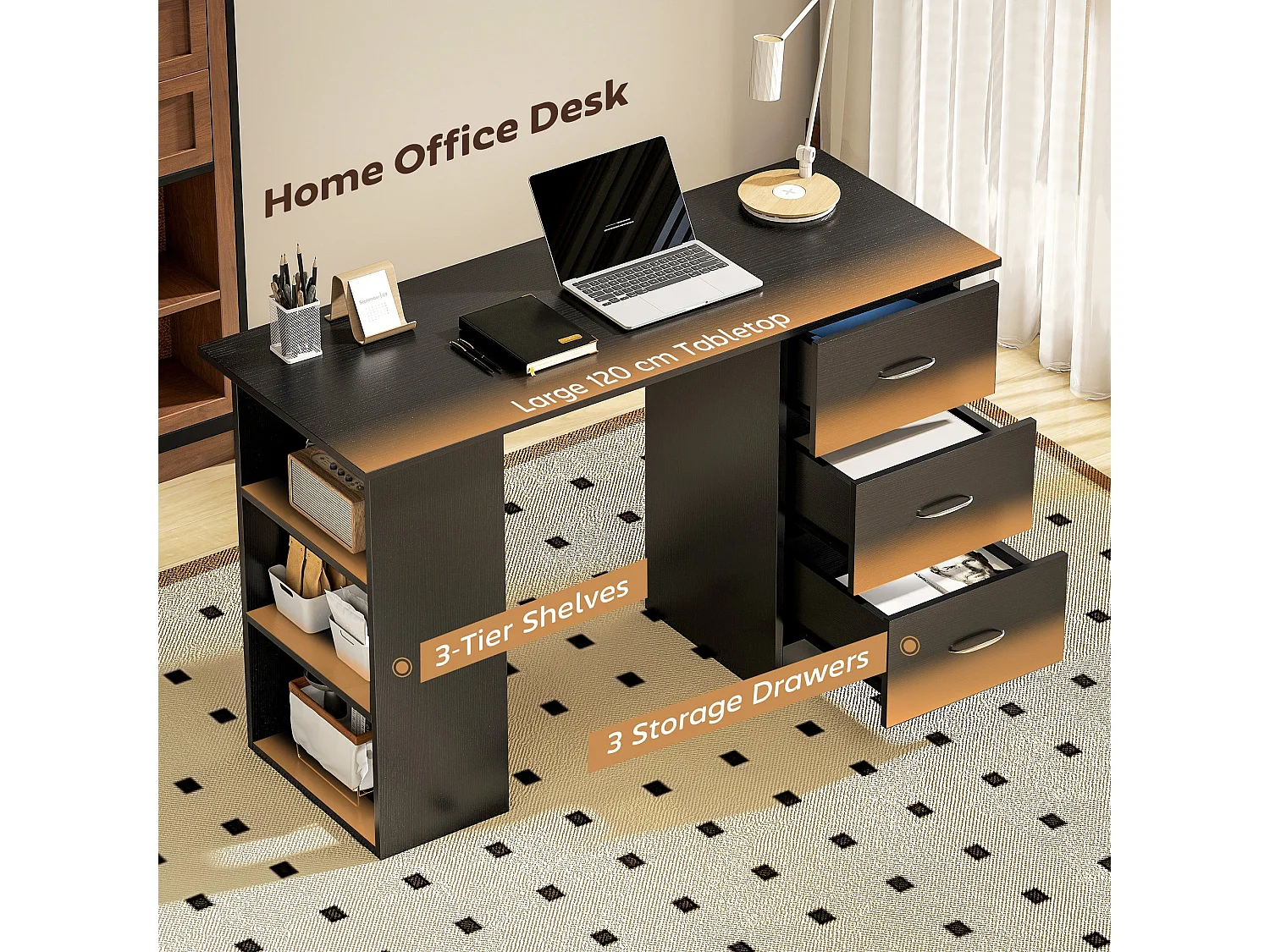 Tonosa 120cm Black Study Desk with 3 Shelves and 3 Drawers