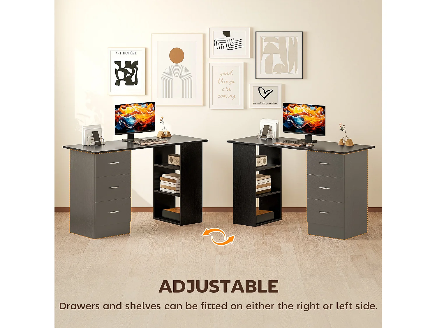 Tonosa 120cm Black Study Desk with 3 Shelves and 3 Drawers